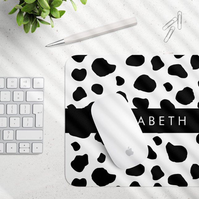 Cow Print, Cow Spots, Black And White, Your Name Mouse Pad (Creator Uploaded)