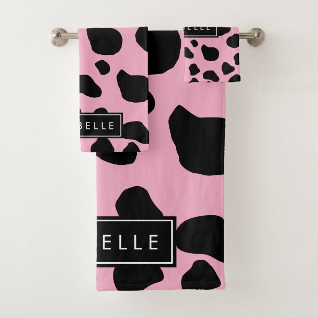 Cow Print, Cow Spots, Pink Cow, Your Name Bath Towel Set (Insitu)