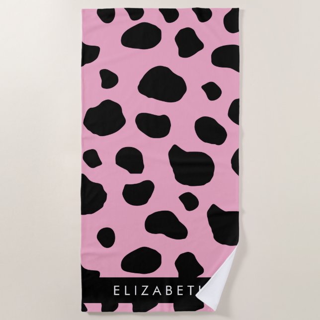 Cow Print, Cow Spots, Pink Cow, Your Name Beach Towel (Front)