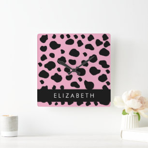 Cow Print, Cow Spots, Pink Cow, Your Name Square Wall Clock