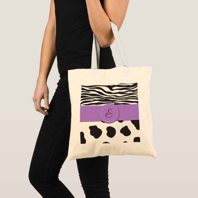 Cow Print, Cow Spots, Zebra Stripes, Monogram Tote Bag (Front (Product))