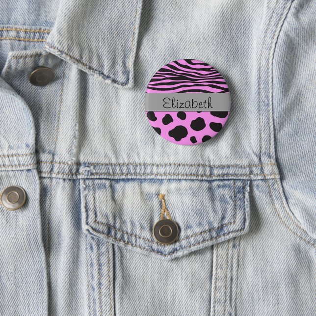 Cow Print, Cow Spots, Zebra Stripes, Your Name 6 Cm Round Badge (In Situ)