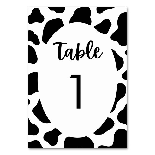 Cow Print Cow Themed Wedding Table Number (Front)