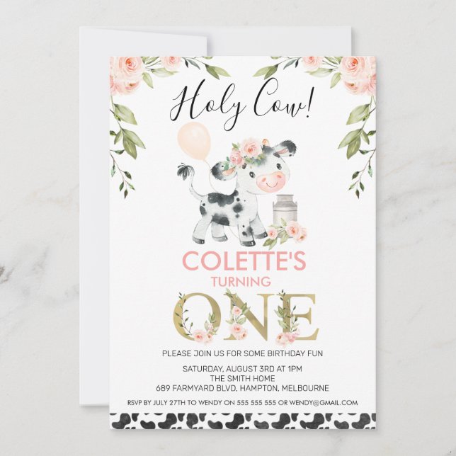 Cow Print Holy Cow Floral 1st Birthday Invitation (Front)
