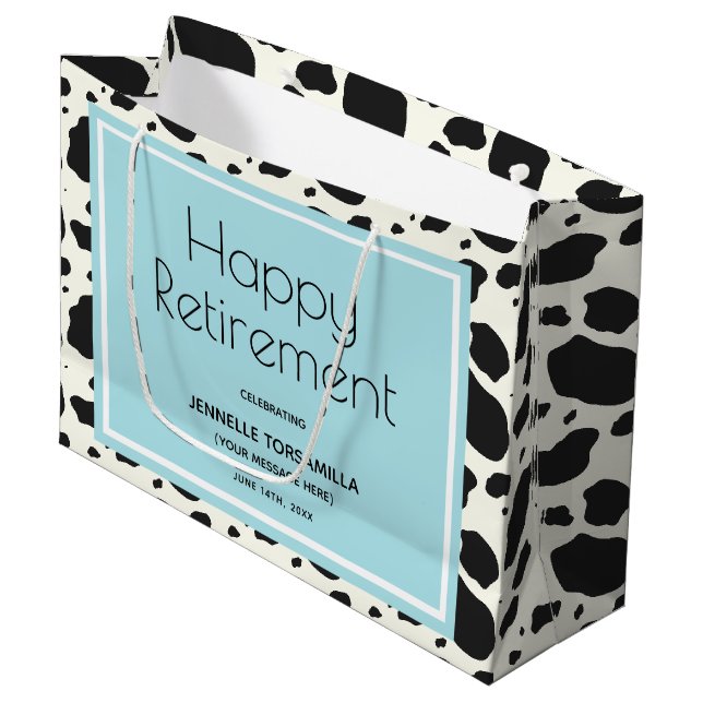 Cow Print Name Retirement Party Large Gift Bag (Front Angled)