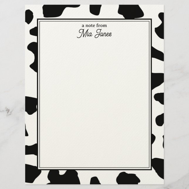 Cow Print Pattern Black and White Personalized Custom Letterhead (Front)