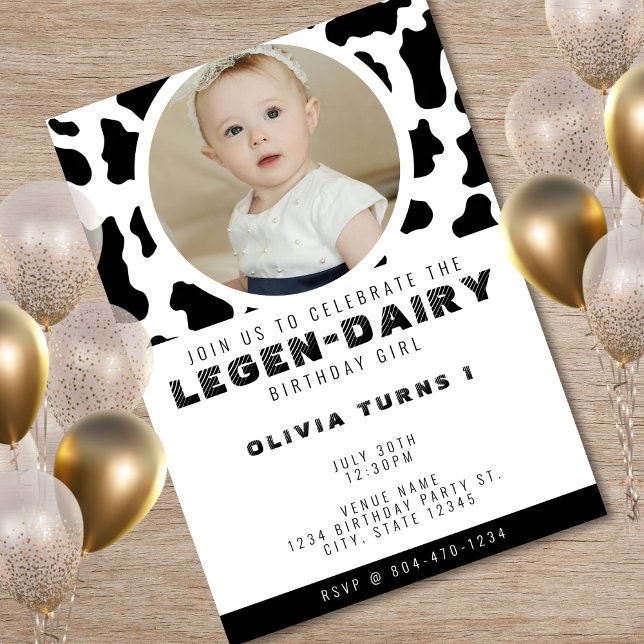 Cow Print Photo 1st Birthday Invitation (Cow Print Photo 1st Birthday Invitation)