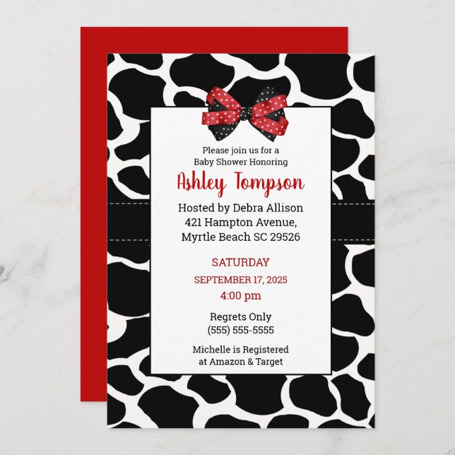 Cow Print Red Black Baby Shower Invitation (Front/Back)