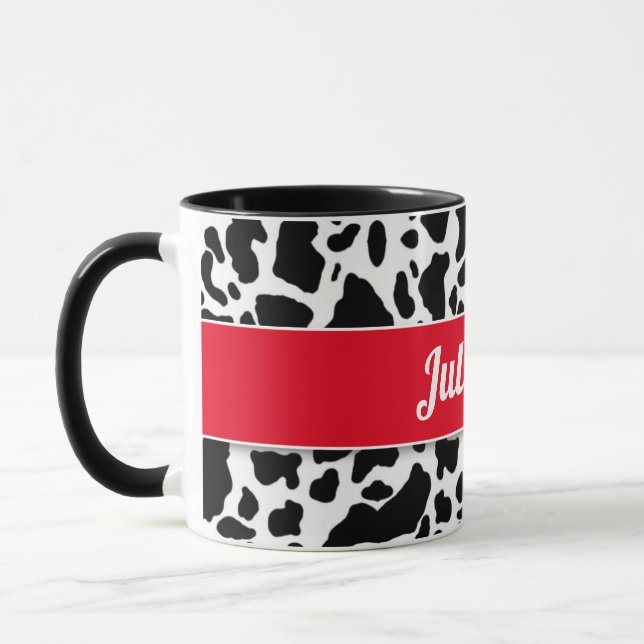 Cow Print with Red Border and White Name Mug (Left)