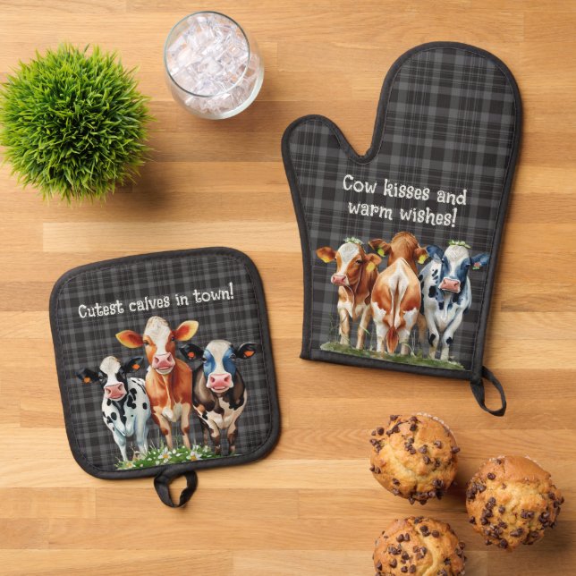 Cow Quotes on Black Plaid Oven Mitt & Pot Holder Set (Top Down)
