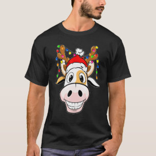 Cow Reindeer Hat Santa Christmas Lights  Cow Chris T-Shirt