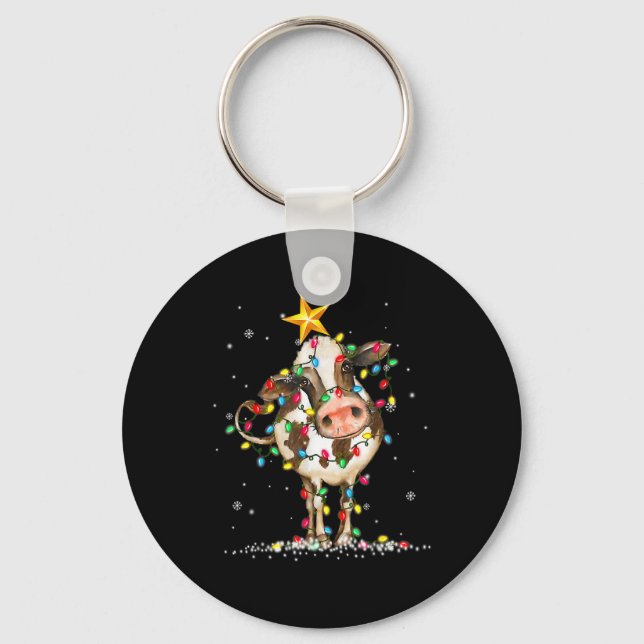 Cow Reindeer Hat Santa Christmas Lights Fun Cow Ch Key Ring (Front)