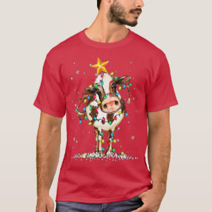 Cow Reindeer Hat Santa Christmas Lights Funny Cow T-Shirt
