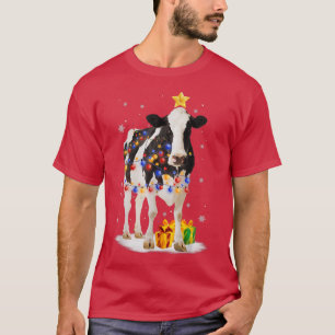 Cow Reindeer Hat Santa Christmas Lights Funny Cow T-Shirt
