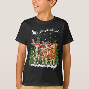 Cow Reindeer Hat Santa Christmas Lights Funny Xmas T-Shirt
