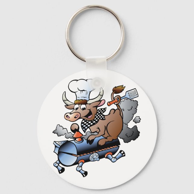Cow Riding A BBQ Keychain (Front)