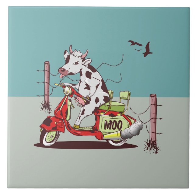 Cow riding a retro motorcycle tile (Front)