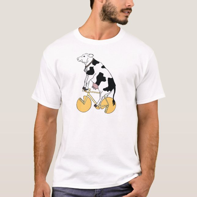 Cow Riding Bike With Cheese Wheel Wheels T-Shirt (Front)