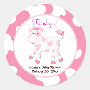 Cow Round Favour Sticker  - Pink