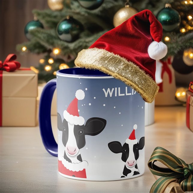 Cow Santa Blue White Name Farm Animal Christmas Mug (Add this fun and personalized cow Christmas mug to your holiday.)