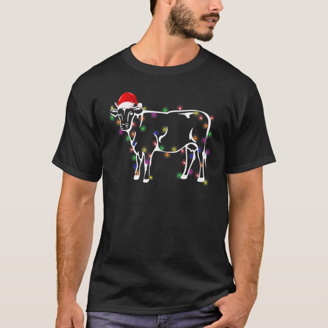 Cow Santa Hat Christmas Fairy Light Xmas T-Shirt (Front)
