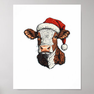 Cow Santa Hat Christmas Xmas Poster