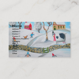 cow sheep winter snow scene naive folk art business card