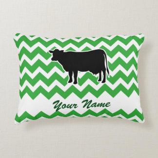 Cow Silhouette with Green Chevron Pattern Decorative Cushion