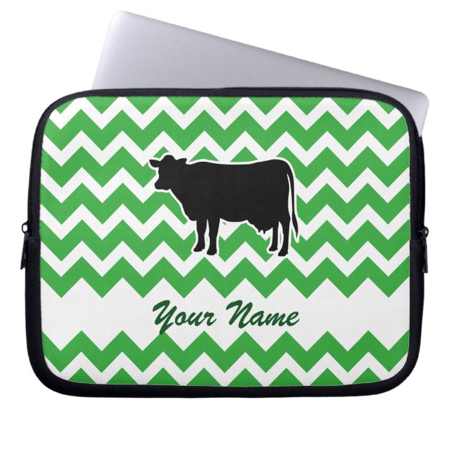 Cow Silhouette with Green Chevron Pattern Laptop Sleeve (Front)