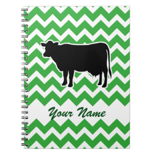 Cow Silhouette with Green Chevron Pattern Spiral Notebook