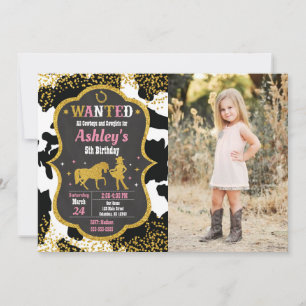 Cow Skin Cowgirl Western Party Birthday Photo Invitation