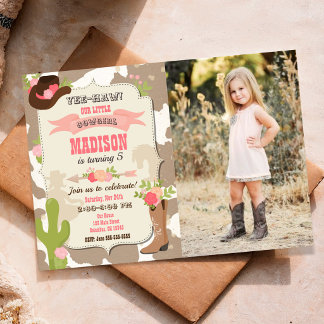 Cow Skin Cowgirl Western Party Birthday Photo Invitation