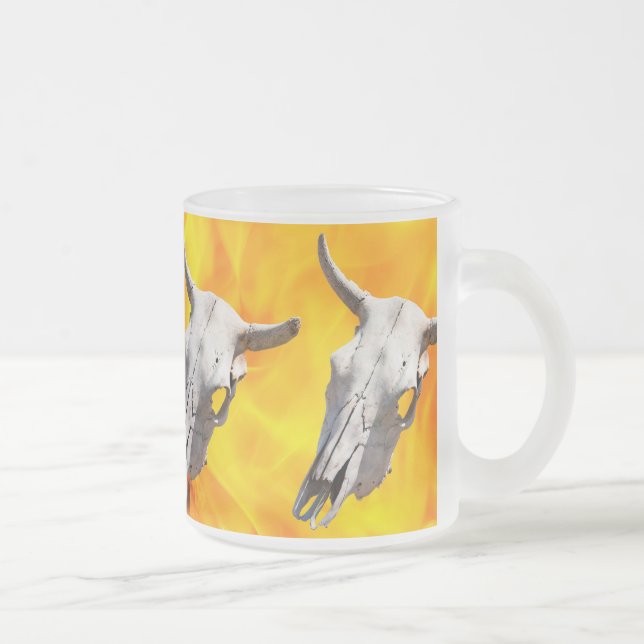 Cow skull and fire frosted glass coffee mug (Right)