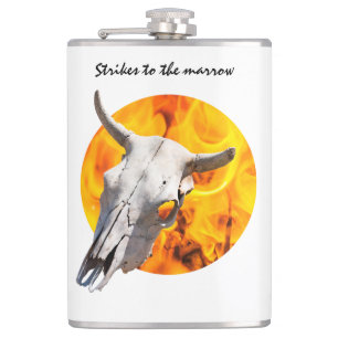 Cow skull and fire hip flask