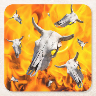 Cow skull and fire square paper coaster