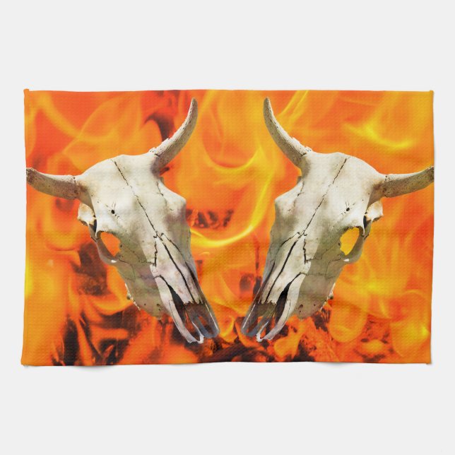 Cow skull and fire tea towel (Horizontal)