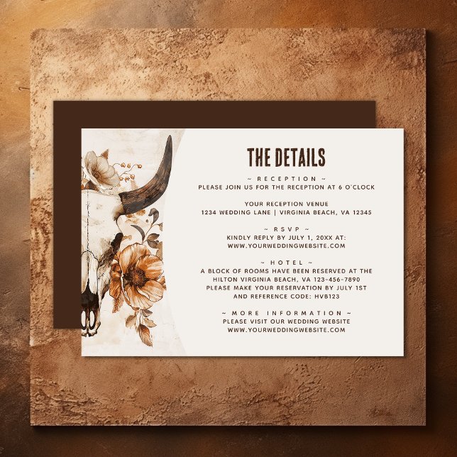 Cow Skull Floral Boho Western Wedding Details Enclosure Card (Cow Skull Floral Boho Western Wedding Details Enclosure Card)