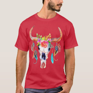 Cow Skull  For Women Sugar Flowers Roses Helloween T-Shirt