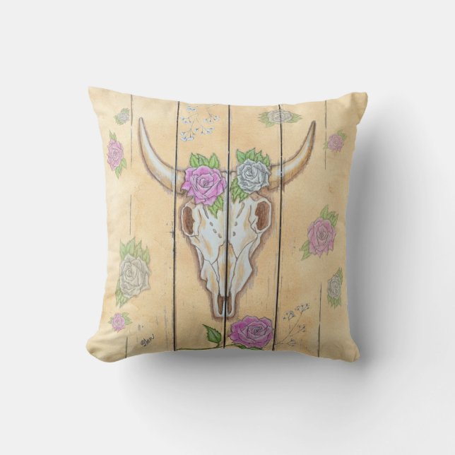 Cow Skull & Roses Throw Pillow - Beige Sand  (Front)