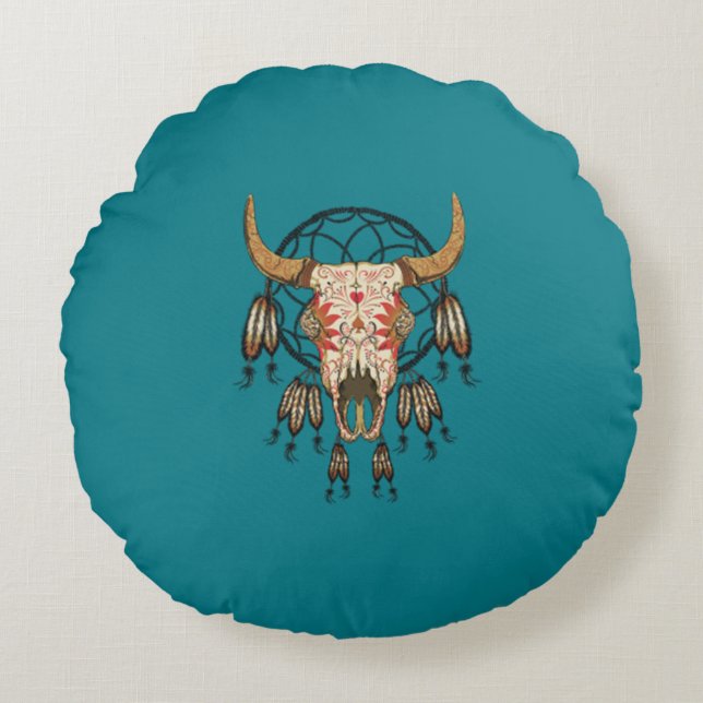 Cow Skull Southwestern Dream Catcher Round Cushion (Front)
