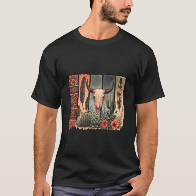 Cow Skull with Feathers Native Americans T-Shirt (Front)