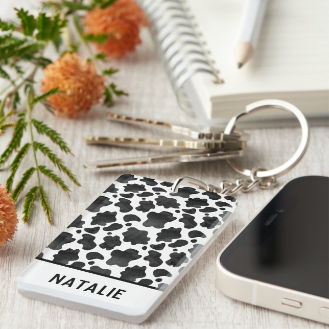 Cow Spots Pattern Black and White Animal Print Key Ring (Front Right)