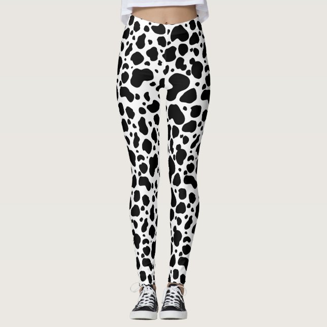 Cow Spots Pattern Black and White Animal Print Leggings (Front)