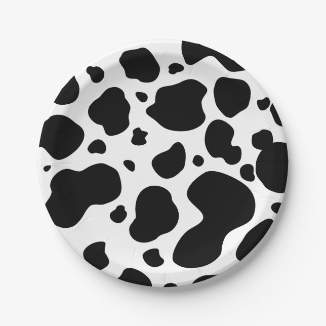 Cow Spots Pattern Black and White Animal Print Paper Plate (Front)
