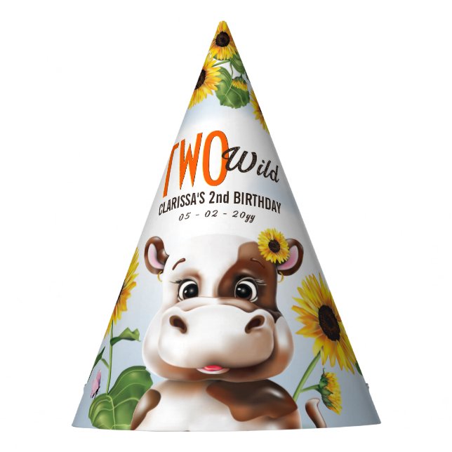Cow Sunflower Girl 2nd Birthday Party Hat (Front)