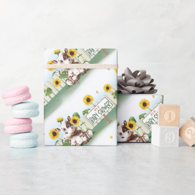Cow Sunflower Girl Baby Shower Wrapping Paper (Baby Shower)