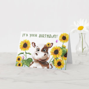 Cow Sunflower Kids Birthday Card