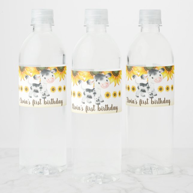 Cow & sunflowers girl birthday water bottle label. label (Bottles)