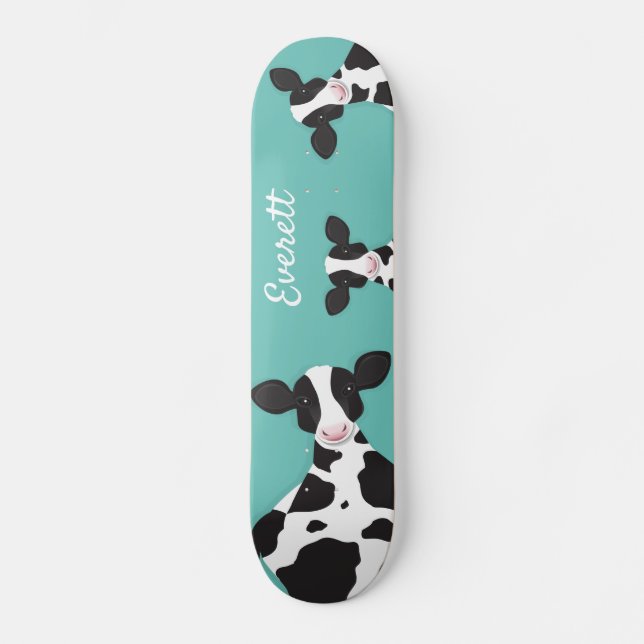 Cow Teal Black White Animal Name Skateboard (Front)