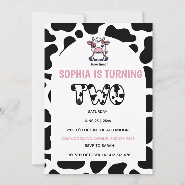 Cow Theme Second Birthday Invitation –Turning TOW  (Front)